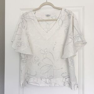 Kaktus Linen Blouse Womens L White Gray Floral Flutter Sleeve V-Neck Coastal